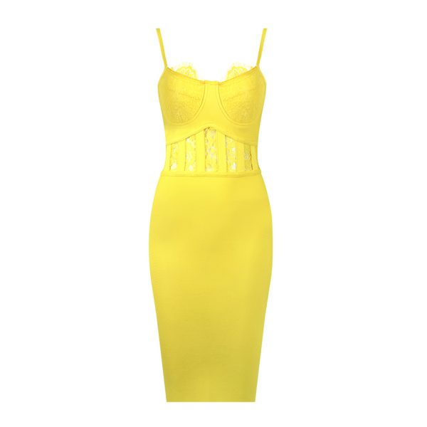 Yellow Halter Lace V-neck Mini Bandage Party Dress 3