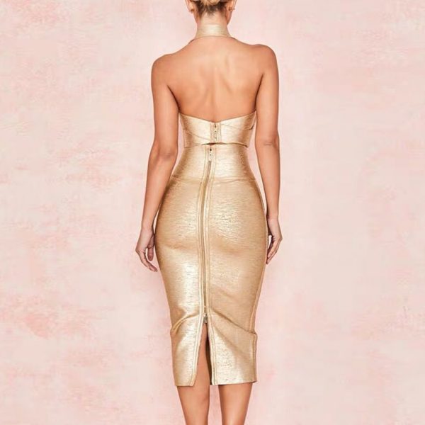 Women's bodycon two-piece gold V-neck bandage dress 3