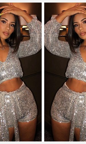 Two Piece Silver Sequin Crop Top & Shorts 1