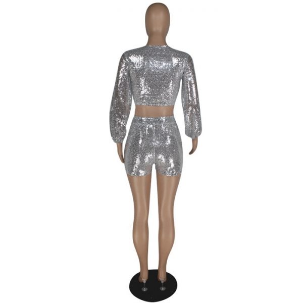 Two Piece Silver Sequin Crop Top & Shorts 5