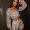 Two Piece Silver Sequin Crop Top & Shorts