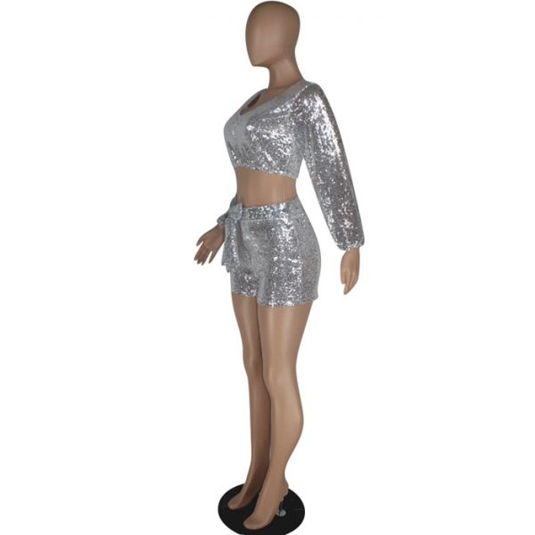 Two Piece Silver Sequin Crop Top & Shorts 3