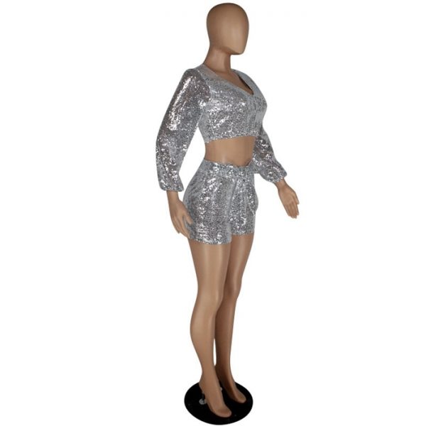 Two Piece Silver Sequin Crop Top & Shorts 4