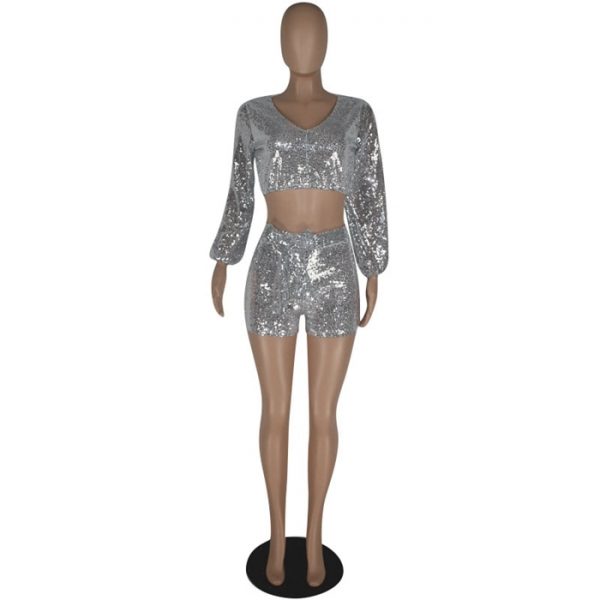 Two Piece Silver Sequin Crop Top & Shorts 2