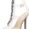 2019 PVC Design Rhinestone Transparent Stiletto Sandals Shoes Crystal T-Strap Lady High Heels Shoes Sexy Female Party Shoes 2