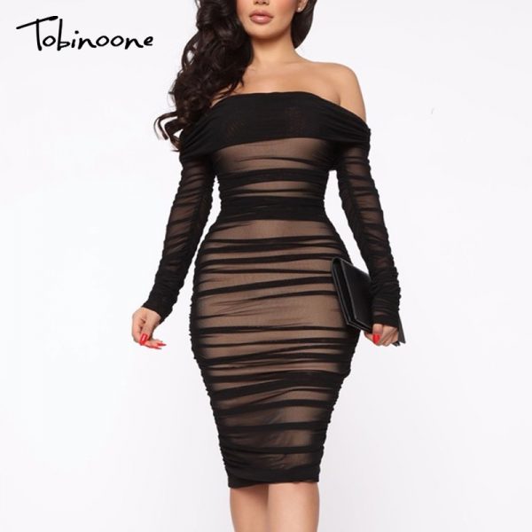 Double Layer Mesh Off The Shoulder Bodycon Dress 1