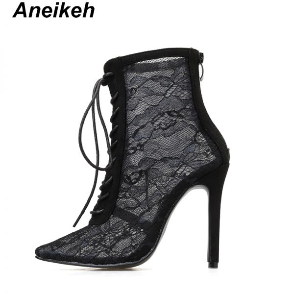 Mesh Floral Lace-Up Pointed Toed High Heel Ankle Boots 3