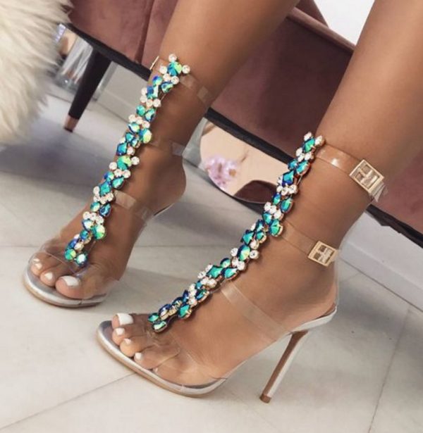 2019 PVC Design Rhinestone Transparent Stiletto Sandals Shoes Crystal T-Strap Lady High Heels Shoes Sexy Female Party Shoes 1