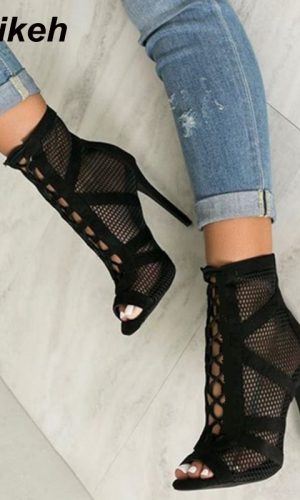 High Heel Mesh Lace-Up Cross-tied Boots 1