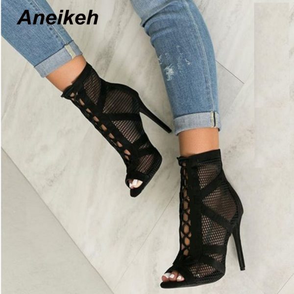 High Heel Mesh Lace-Up Cross-tied Boots 1