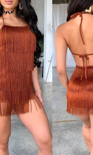 Summer Tassel Halter Backless Bodycon Party Dress 1