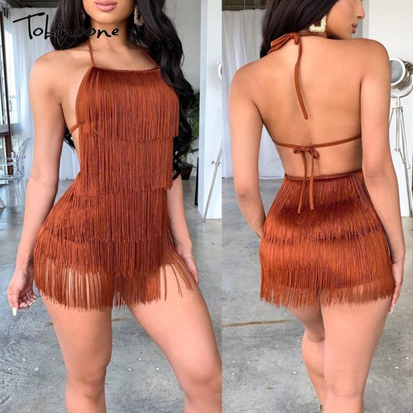 Summer Tassel Halter Backless Bodycon Party Dress 1