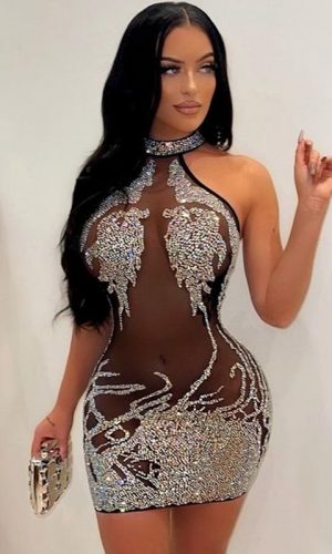 Mesh Sheer See-Through Bodycon Rhinestone Dress 2