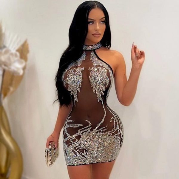 Mesh Sheer See-Through Bodycon Rhinestone Dress 2