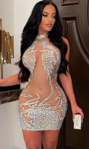 Mesh Sheer See-Through Bodycon Rhinestone Dress 1