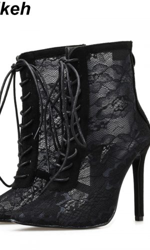 Mesh Floral Lace-Up Pointed Toed High Heel Ankle Boots 2