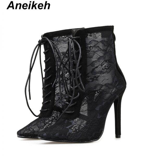 Mesh Floral Lace-Up Pointed Toed High Heel Ankle Boots 2