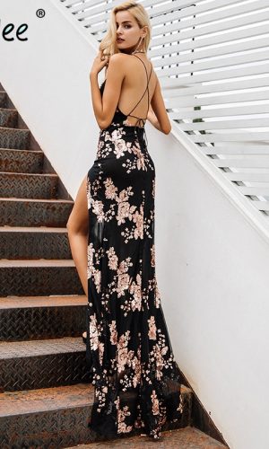 Lace Up Sequin High Split Halter Maxi Dress 2