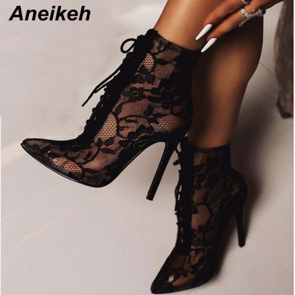 Mesh Floral Lace-Up Pointed Toed High Heel Ankle Boots 1